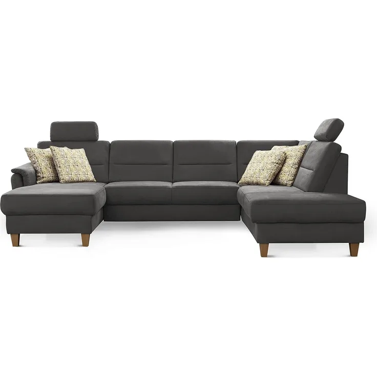CAVADORE Wohnlandschaft Palera / U-Form Federkern-Sofa mit Schlaffunktion, Stauraum und 2 Kopfstützen / 314 x 89 x 212 / Mikrofaser, Grau