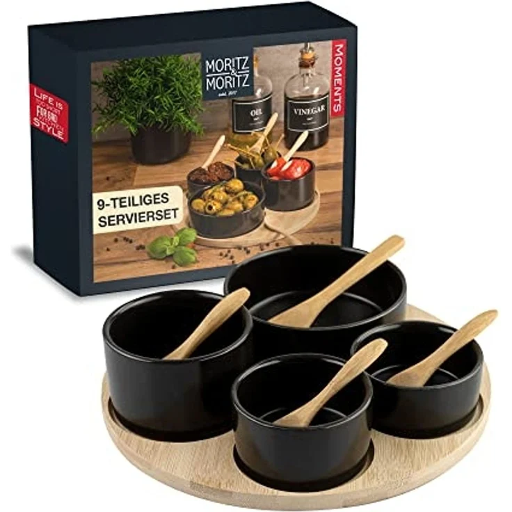 Moritz & Moritz Servierschale Schalen Set, Keramik, Bambus, (Set, 9-tlg), als Tapas Schalen und Dip Schälchen – Bild 1