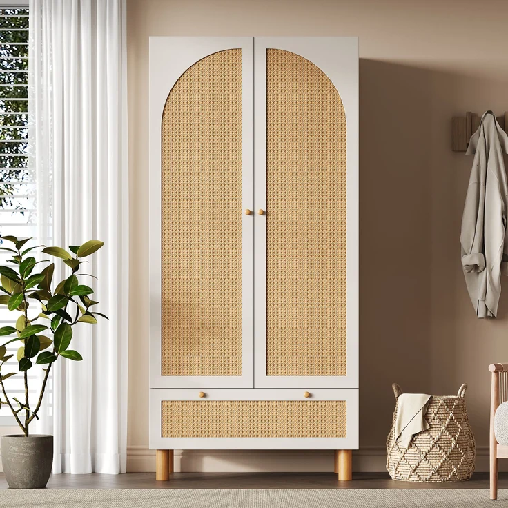Landhaus Kleiderschrank Weiß Mit Rattan 180x85x52 cm Garderobenschrank Mit Höhenverstellbaren Regalen Und Schublade Hängebereich Landhausstil Wohnzimmerschrank Schlafzimmer Schrank – Bild 1