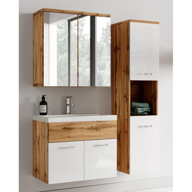 Badplaats Badmöbel Komplettset Montreal 60x35 cm Eiche mit Weiß Hochglanz - Badezimmermöbel mit Waschbecken, Spiegelschrank und Badezimmerschrank – Bild 2