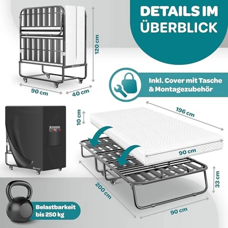 KESSER® Klappbett 200x90cm Gästebett inkl. Matratze aus Memory-Schaum & Rollen | faltbares Reisebett mit Metallrahmen für Erwachsene belastbar bis 250kg | Metallbett mit Schaumstoffmatratze & Cover Weiß, Premium Komfort – Bild 2