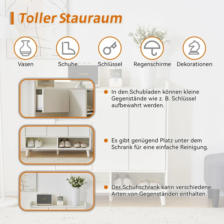 Merax Schuhschrank, Kommode, Sideboard, mit verstellbaren Einlegeböden – Minimalistischer Home Organizer mit Massivholzbeinen , Weiß – Bild 7