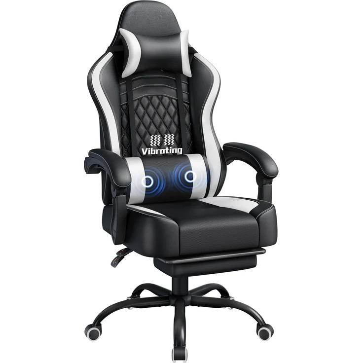 Yaheetech Gaming Stuhl, Ergonomischer Gaming-Stuhl mit Massagefunktion & Ausziehbarer Fußstütze, Verstellbare Rückenlehne, Höhenverstellbar, PC-Stuhl Computerstuhl Drehsessel (Schwarz & Weiß)