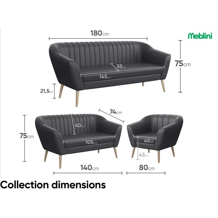 MEBLINI Sessel-Set KAIA 1+1 - Grau Kunstleder - für Wohnzimmer - Mini Lounge für zwei Personen - Sitzgarnitur - Polstergarnitur – Bild 7