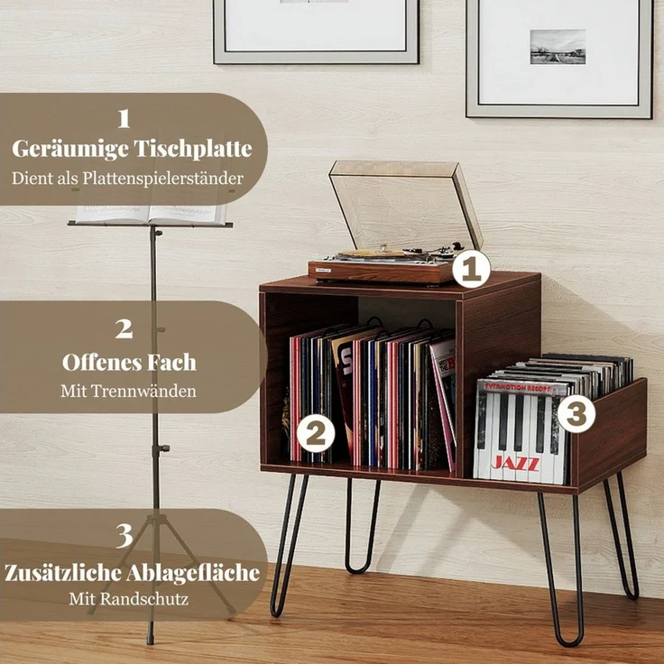 COSTWAY Beistelltisch, mit Ladestation, Plattenspielerständer mit Trennwänden – Bild 3