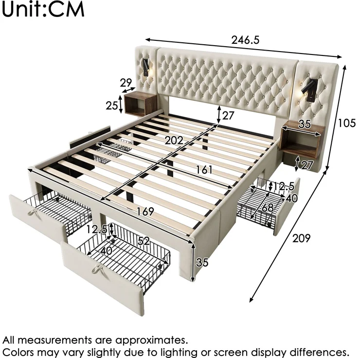 Schlafzimmer-Komplettset Samt, mit Leselicht, Ladestation & Schubladen, 160x200 cm, Beige, mit Matratze – Bild 10