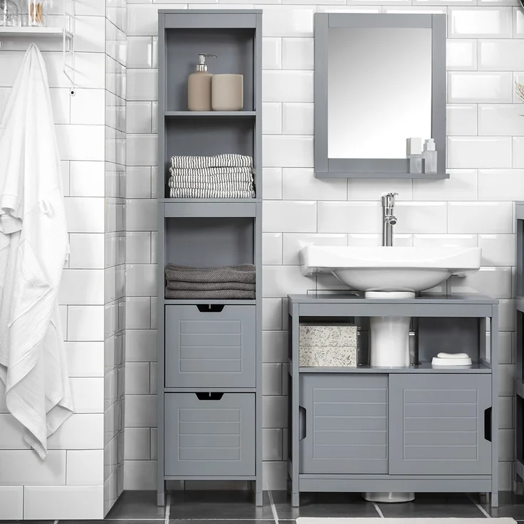 SoBuy FRG126-SG Badezimmer-Hochschrank, MDF, Lackiert, Grau, 30 x 144 x 30 cm – Bild 2
