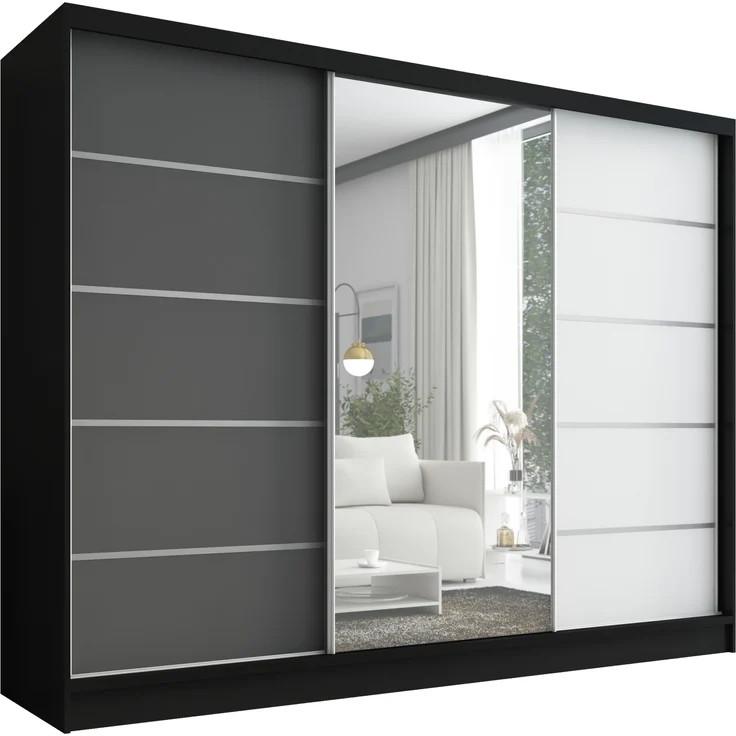 A&J MöbelLand Schwebetürenschrank AURELIA, Schwarz, Graphit, Weiß, Leiste: Weiß – Bild 1