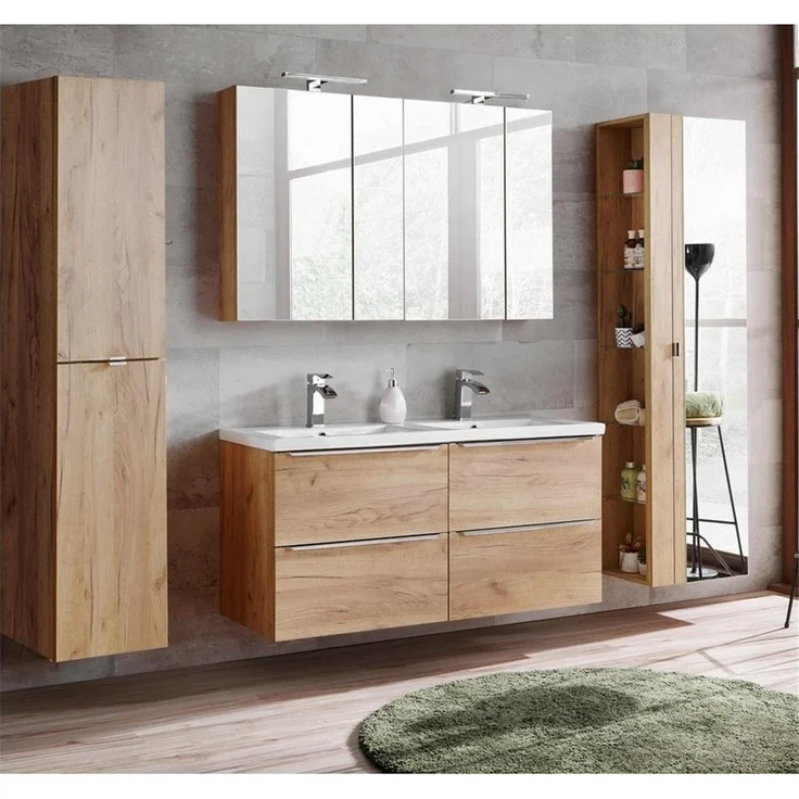 Badezimmer Hochschrank mit Spiegel TOSKANA-56 in Wotaneiche Nb. B/H/T ca. 45/170/33cm – Bild 3