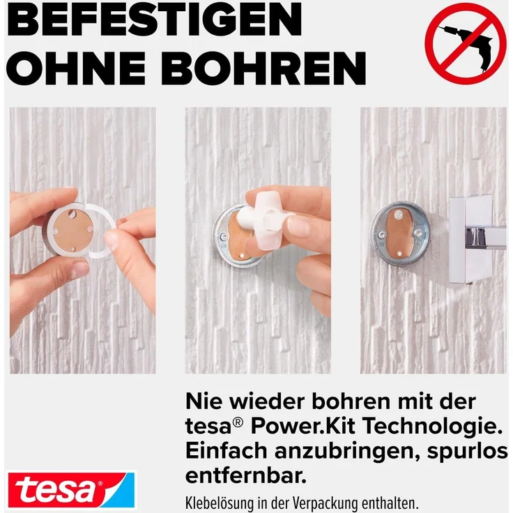 tesa Handtuchring DELUXXE Handtuchhalter ohne Bohren - 15,6 cm : 12,5 cm : 18,4 cm, selbstklebender Handtuchhalter - chrom - silber glänzend – Bild 4