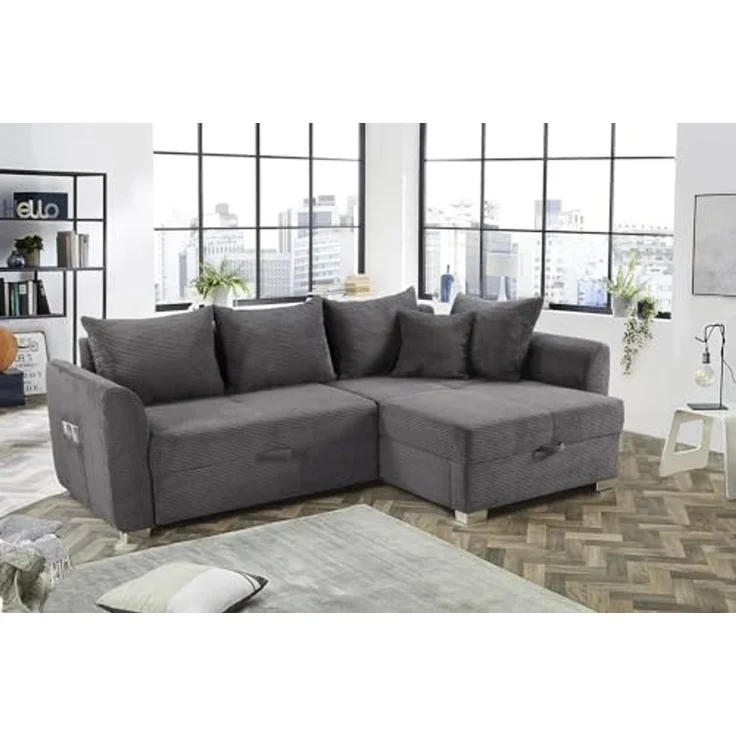 Ecksofa L-Form Couch Polsterecke Schlaffunktion Bettkasten Cord Dunkelgrau – Bild 2