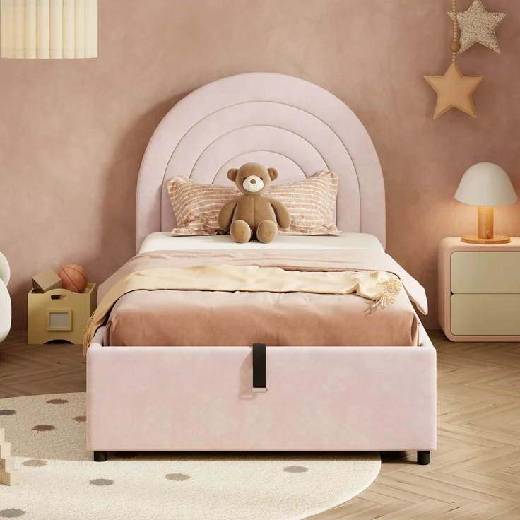 Kinderbett 90x200 cm mit hydraulischem Stauraum, eingebetteter Matratze, geräuschdämpfenden Polstern, Samtbezug, weichem Kopfteil,Rosa – Bild 2