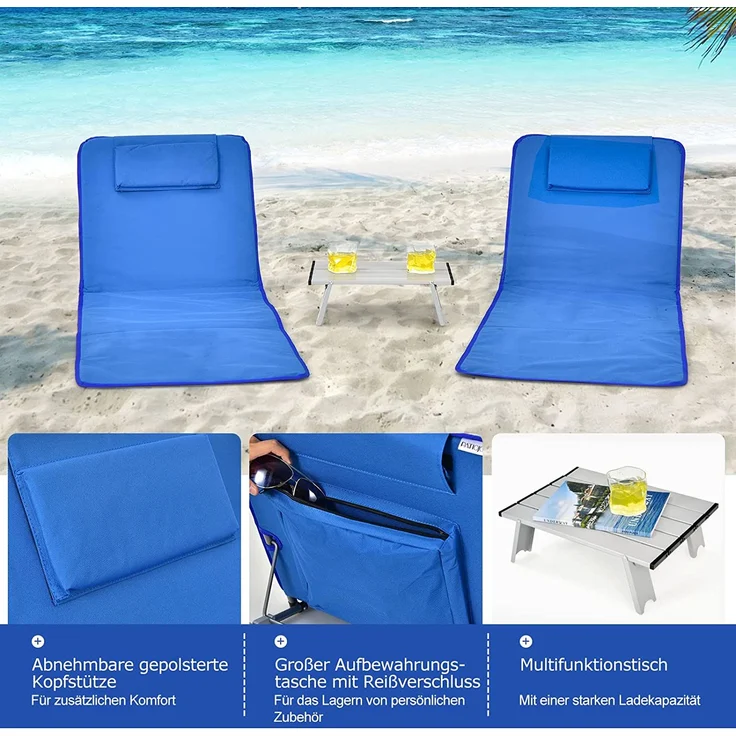 COSTWAY 2x Strandmatte mit Beistelltisch, verstellbare Rückenlehne, faltbar (Blau) – Bild 5