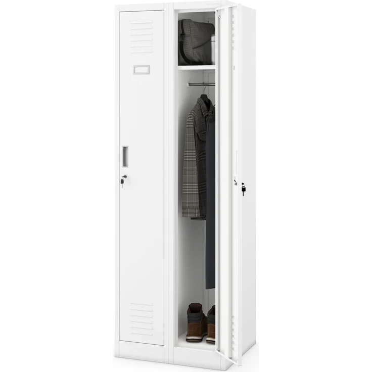 Jan Nowak Spind Schrank, Kleiderschrank, Metallschrank, Schließfachschrank | 2 Abteile mit Kleiderstange, Lüftungsschlitze, Trennwände, 4 Kleiderhaken pro Abteil | 180 x 60 x 50 cm, Weiß