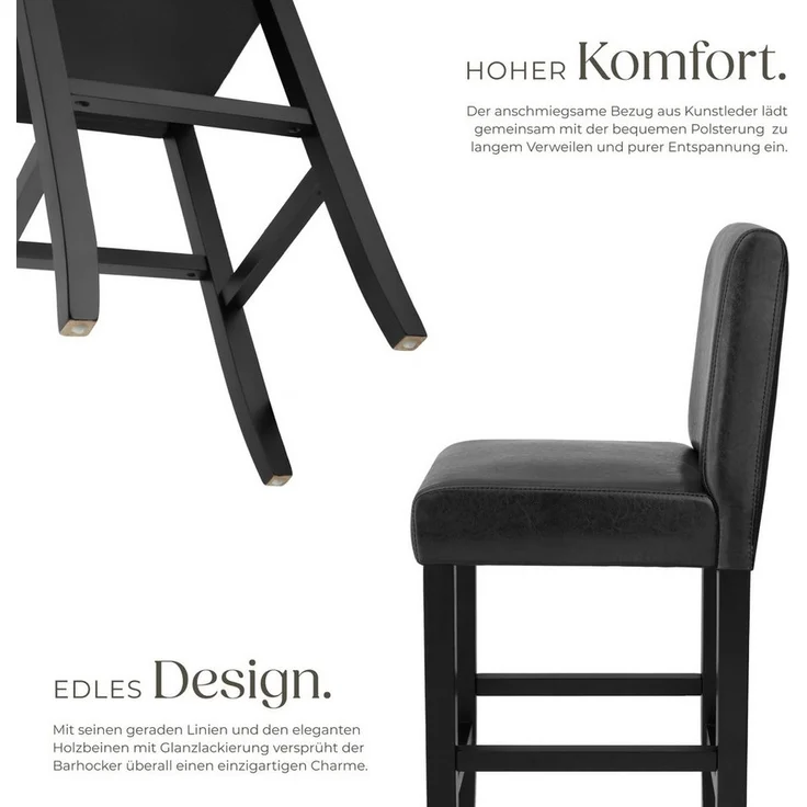 tectake Barhocker Barstuhl aus Kunstleder, gepolstert mit Rückenlehne, Stuhlbeine aus Massivholz, Sitzhöhe 76 cm – Bild 2