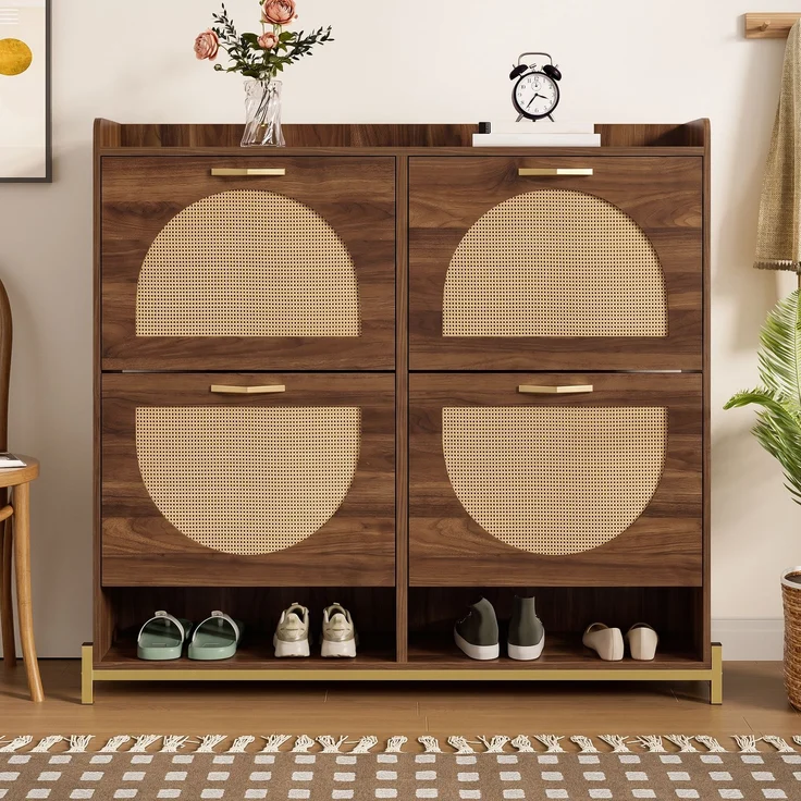 DESVIAE Garderobenschrank Schuhschrank Nussbaum aus MDF – 108,5x100x24 cm – 4 Klappen, Rattan-Optik – Bild 4