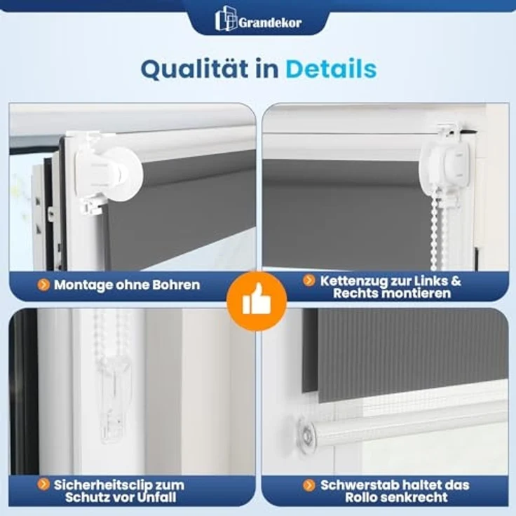 Grandekor Doppelrollo Klemmfix ohne Bohren Anthrazit 50x150 cm(Stoffbreite 46cm) Fenster Rollos für innen Klemmrollos Duo Rollos für Fenster ohne Bohren mit Bohren Privatschutz UV-Schutz Zebrarollo – Bild 5