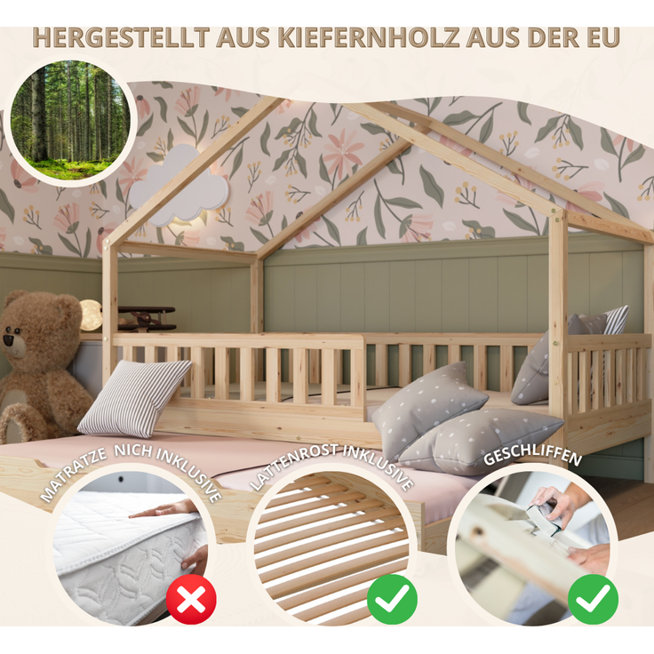 Crazy Pine 'Crazy House' Hausbett mit abnehmbaren Rausfallschutz, Naturholz, Natur, 100x200 cm, mit Ausziehbett – Bild 4