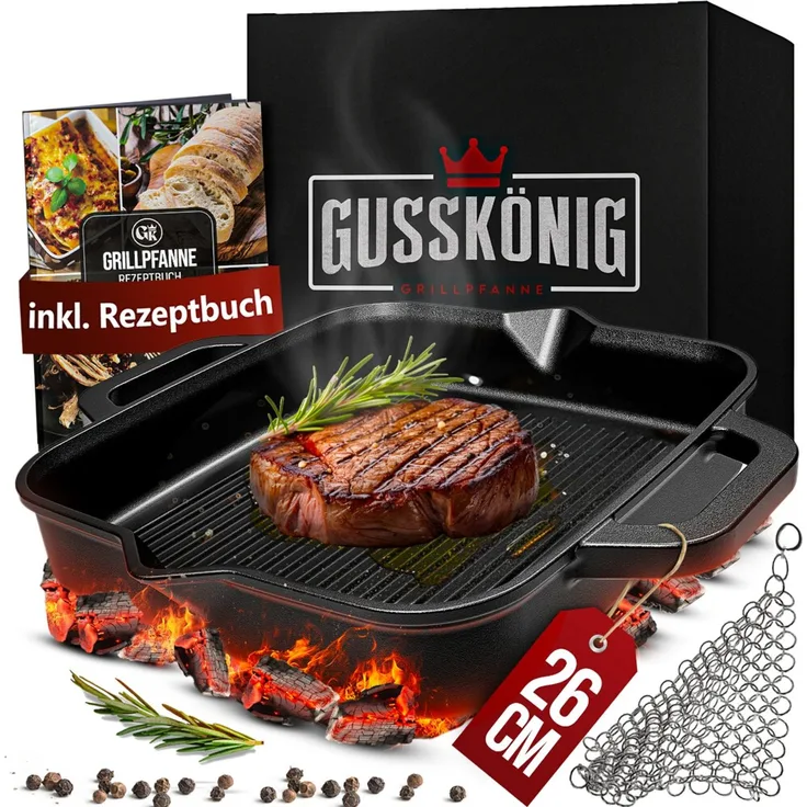 Grill-Feuerpfanne 26 cm Gusseisen – mit 2 Henkeln, Grillrost-Struktur, Ringreiniger & Rezeptheft, induktionsgeeignet & eingebrannt