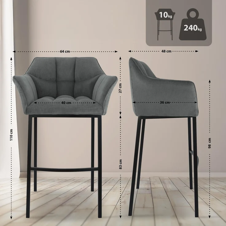 Barhocker GIBEL - Metall Grau 64x48x110 cm Schwarz | Barstuhl Mit Lehne Tresenhocker Tresenstuhl Kneipenhocker Kneipenstuhl – Bild 7