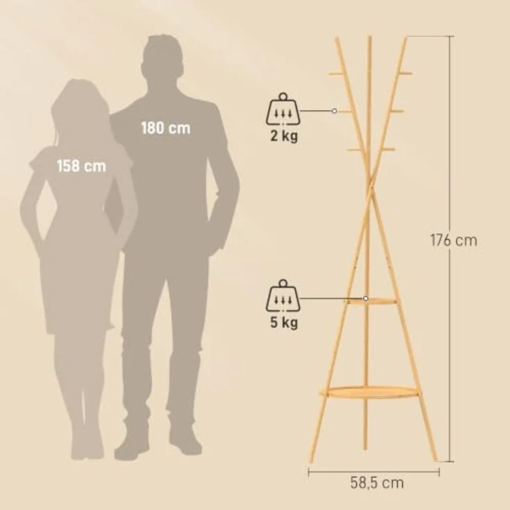 HOMCOM Garderobenständer Jackerständer Garderobe mit 9 Haken, für Flur, Eingangsbereich, (Set, 1 St, 1), aus Bambus, 2 Ablagefächer – Bild 7