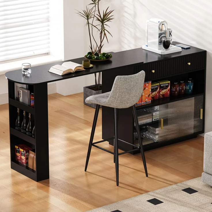 Merax Bartisch, Ausziehbar 360° Drehbare Sideboard mit Stauraum und LED-Beleuchtung, Reversibel Sideboard mit Lochbrett und Steckdosen(Schwarz) – Bild 3