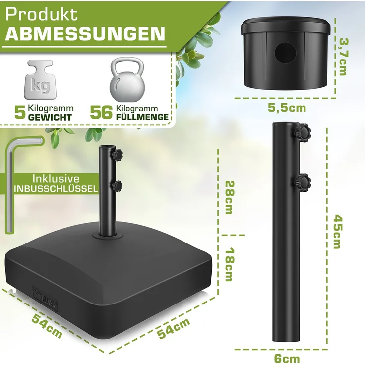 tillvex® Sonnenschirmständer PAVERA mit Rollen & Bremsen Schwarz | Schirmständer befüllbar 37 Liter / 56 kg | Schirmgewicht Sonnenschirm & Marktschirm Ø 1,8-3,7m | Ampelschirmständer wetterfest – Bild 3