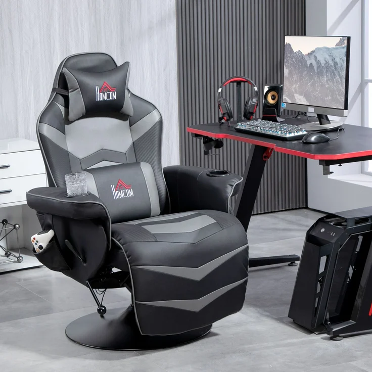 Wohnora-Gamingsessel, Massagefunktion, neigbare Lehne, Fußstütze, bis 120 kg, Stahlrahmen, Kunstleder, Grau,H 1115cm x T 780cm x B 825cm – Bild 3