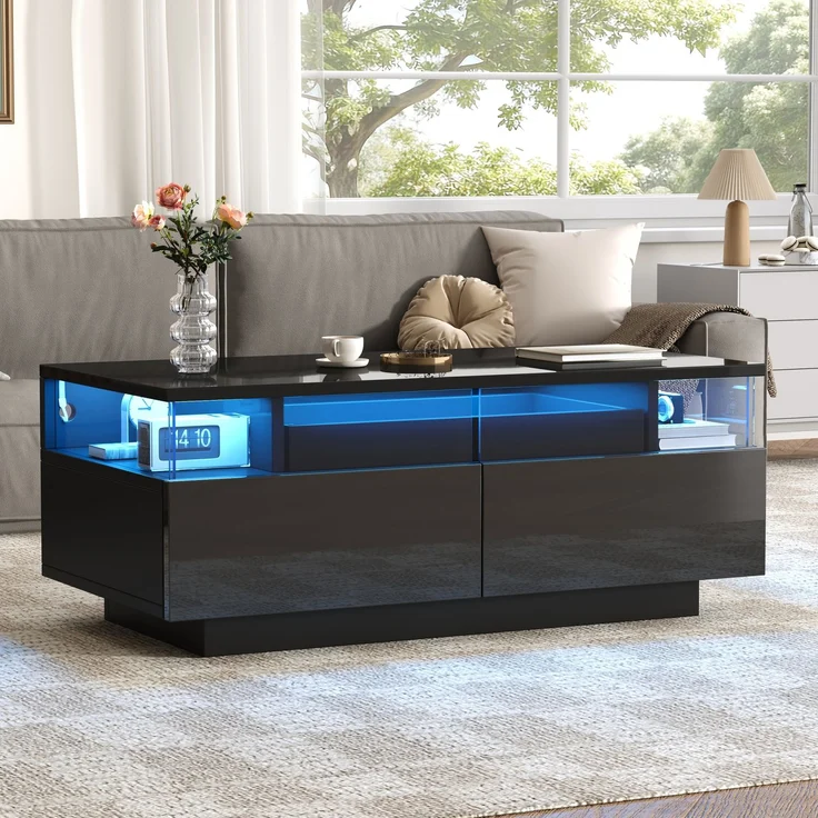 Merax Couchtisch mit Tablett, Hochglanz-Couchtisch fürs Wohnzimmer, Sofatisch mit 2 Schubladen, tragender Beistelltisch aus gehärtetem Glas, kaffeetisch mit LED-Licht, Schwarz – Bild 2