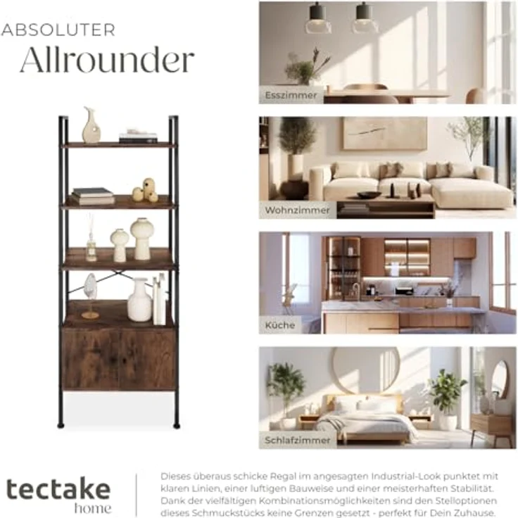 tectake Leiterregal Brentwood, Holzwerkstoff in Beton-Optik, 4 Ebenen, 2 Schrankfächer, 34x173x57,5 cm, Industrial Style – Bild 7