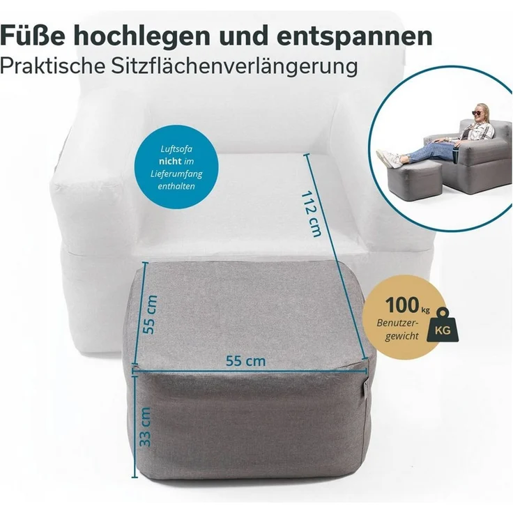 Skandika Luftsofa Easy Air Premium, Sitzhocker aufblasbarer, Tragetasche, (Bezug abnehmbar, Maschinenwäsche, Schonprogramm 30 °C), Max. Benutzergewicht 100 kg, mit Elektropumpe, Gesamtgewicht 1,1 kg – Bild 3