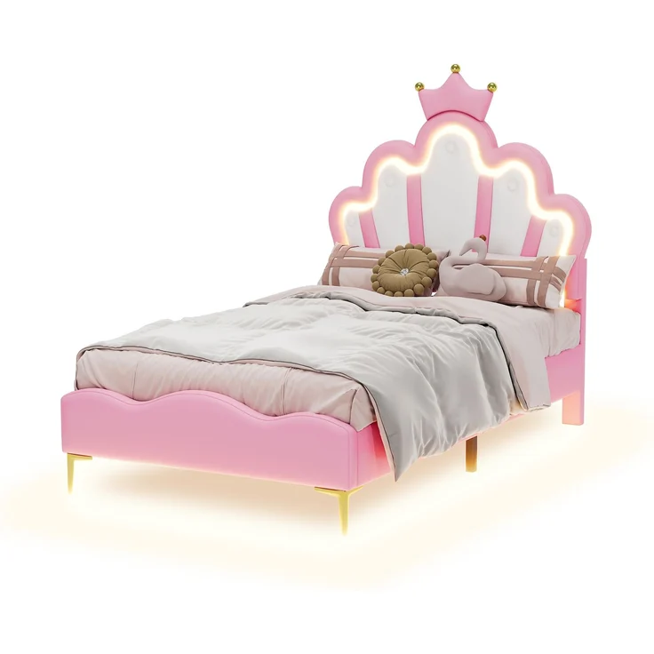 90*200cm Flaches Doppelbett, kronenförmiges Prinzessinnenbett, weiche Polsterung aus PU-Leder, verstellbarer LED-Umgebungslichtstreifen, Rosa – Bild 9