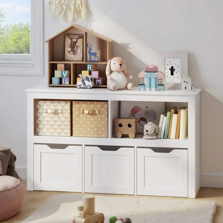 Blishom Spielzeugtruhe Kinderregal mit 3 rollbaren Spielzeugboxen & 2 Fächern, Niedriges Spielzeugregal, 360°-Rollen, abgerundete Kanten – Bild 3