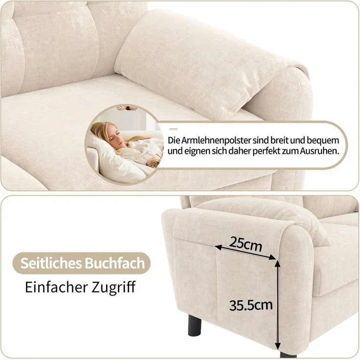 Merax 2-Sitzer Sofa aus Chenille-Stoff, Modulares-Sofa, Couch Doppelsofa im skandinavischen Design für Wohnzimmer/Schlafzimmer 1 Teile, Polstersofa mit Armlehne, dicken Kissen & Seitentaschen, 158x80x88.5cm – Bild 3