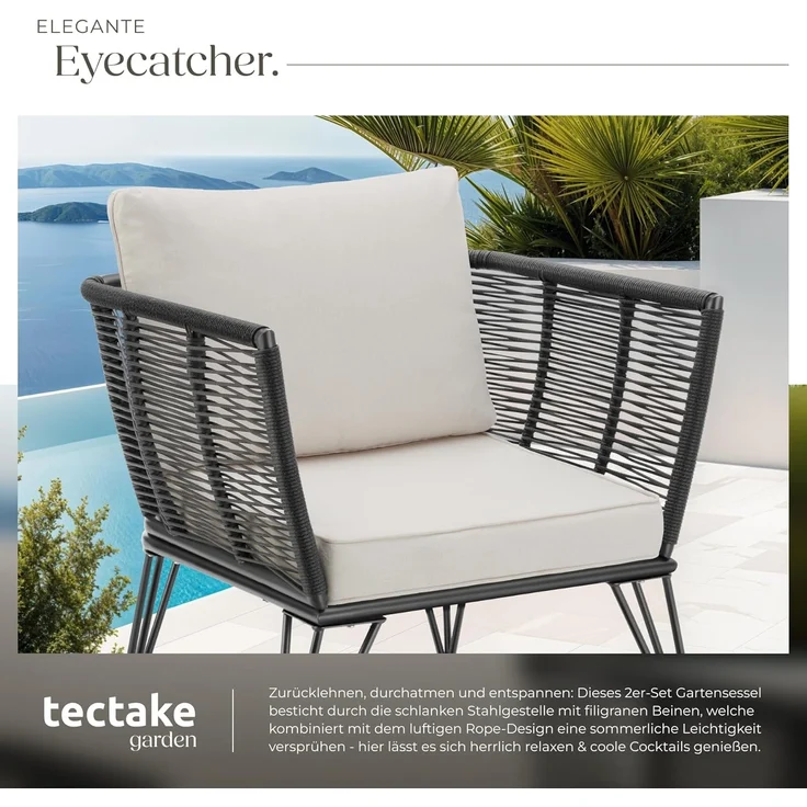 tectake Essgruppe Garten-Loungesessel, (Set, 2-tlg), rundes Polyrattan im Rope-Design – Bild 5
