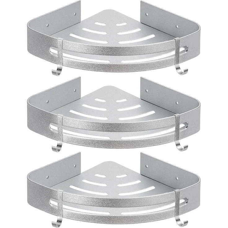 Yorbay Duschablage Duschregal ohne Bohrung, 3 Stücke Duschablage Eckregal Duschkorb, Mit Montagestoff, mit Haken, Dreieck Badregal aus Aluminium für Badezimmer Bad Küche Toilette – Bild 2