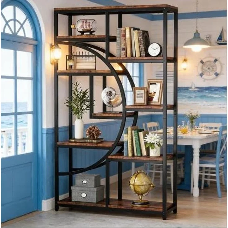 DESVIAE Regal mit 9 offenen Fächern aus Metall und Holz, Schwarz/Rustikbraun, 95 x 30 x 174 cm – Bild 3