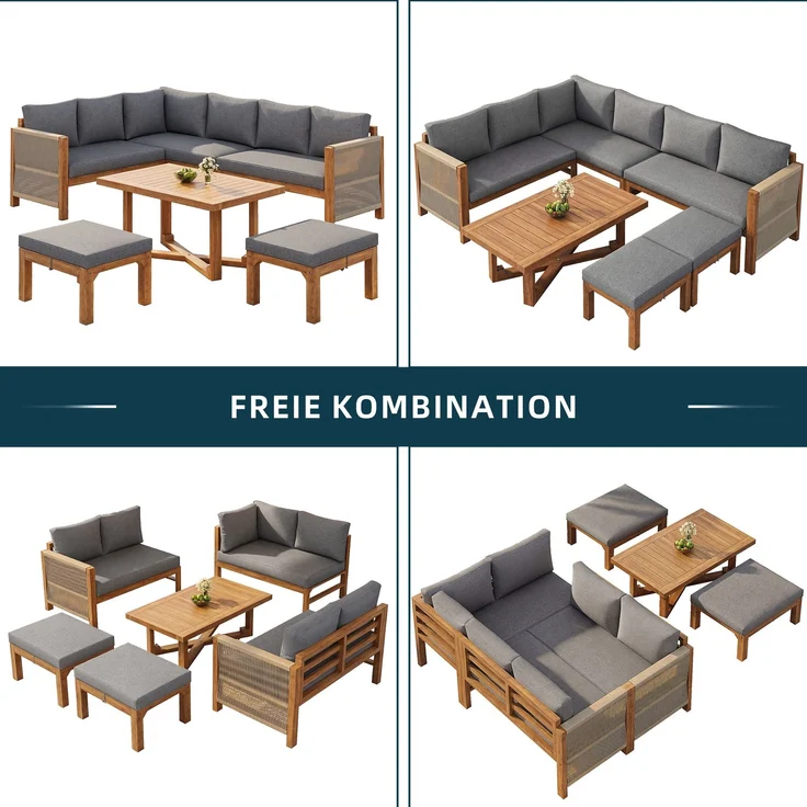 Merax Gartenmöbel-Set 6-tlg, Gartensofa mit Hocker und Tisch, Gartenloungeset Balkonmöbelset 8 Sitzer aus Akazie, Terassenmöbelset mit Kissen, Grau – Bild 7