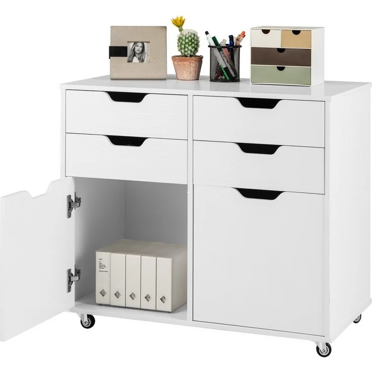 COSTWAY Rollcontainer, mit 4 Schubladen, 2 Türen, Büroschrank mit Rollen – Bild 5