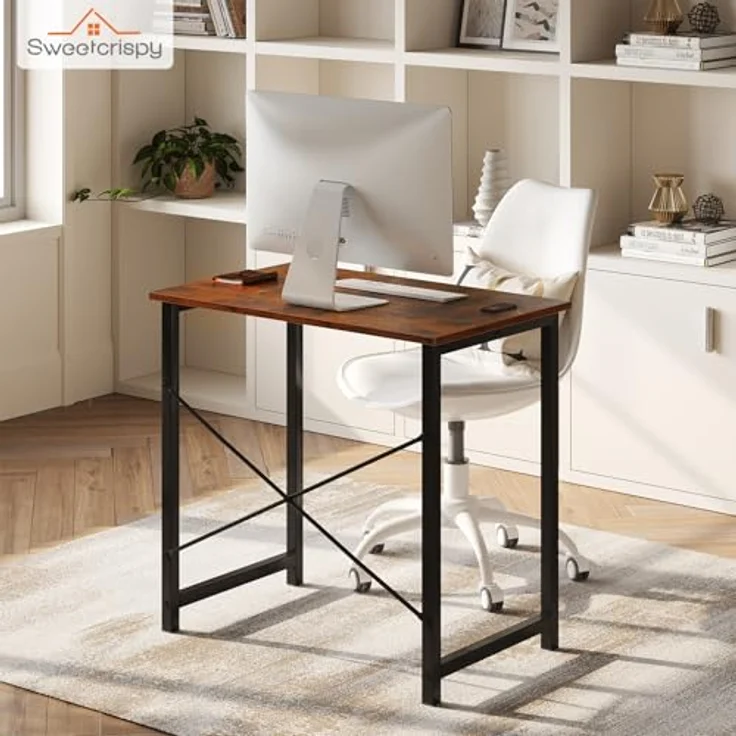 Sweetcrispy Schreibtisch, Kleiner Tisch 80 x 50 x 75.4cm (31in), Computertisch Metallgestell‌, Bürotisch für Arbeitszimmer, Schlafzimmer, Wohnzimmer, Study Table Desk, Braun – Bild 2