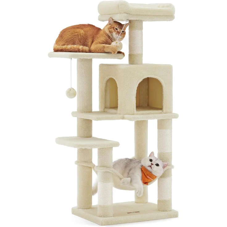 Feandrea Kratzbaum, 112 cm hoch, Katzenbaum, mehrstöckiges Katzenhaus, mit 4 Kratzsäulen, 2 Plattformen, Hängematte, Höhle, beige PCT261M01 – Bild 1