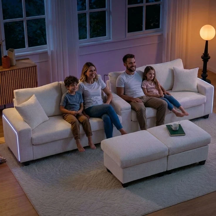 Cord-Sofa mit 2 Stauraumhockern, Leselampe, Klappkonsole, App-LED und USB-C, U-förmige Lounge-Couch mit Getränkehalter, Beige – Bild 12