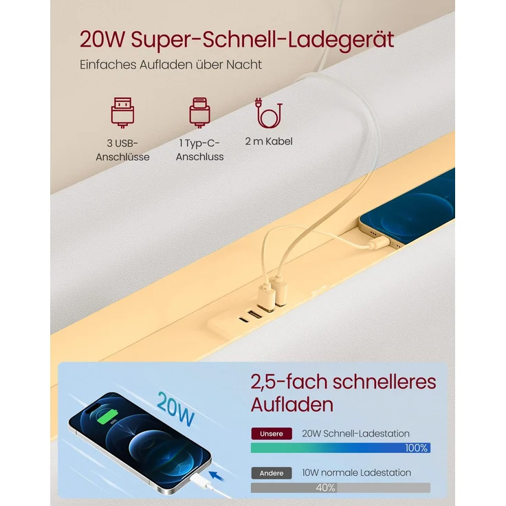 VASAGLE Bettgestell, Doppelbettgestell, 167 x 213 cm, schwebender visueller Effekt, Bett mit LED-Beleuchtung, hohem Kopfteil, Ladestation, modern, wolkenweiß – Bild 4