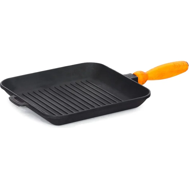 Gusseisen Grillpfanne 28x28 cm mit abnehmbarem Holzgriff – Grillstreifen-Effekt für Induktion & Backofen Steakpfanne Bratpfanne – Bild 2
