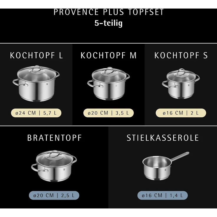 WMF 'Provence Plus' Topfset mit Glasdeckel, 5-teilig, unbeschichtet, Cromargan Edelstahl poliert, Ø 16 / 20 / 24 cm – Bild 3