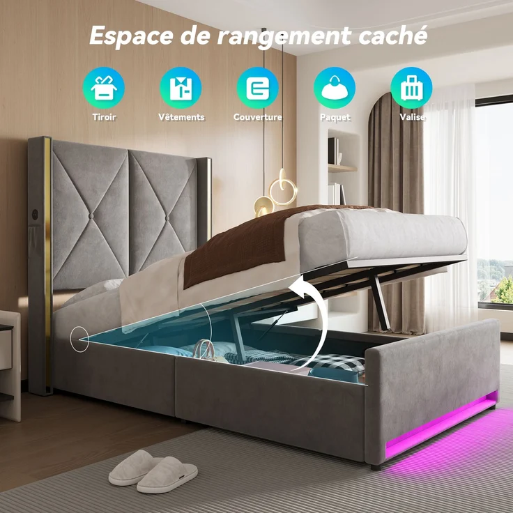 TavilaEcon Boxspringbett Veloursbett mit hohem Kopfteil, Seitentaschen & USB grau Liegefläche 90 × 200 cm – Bild 3