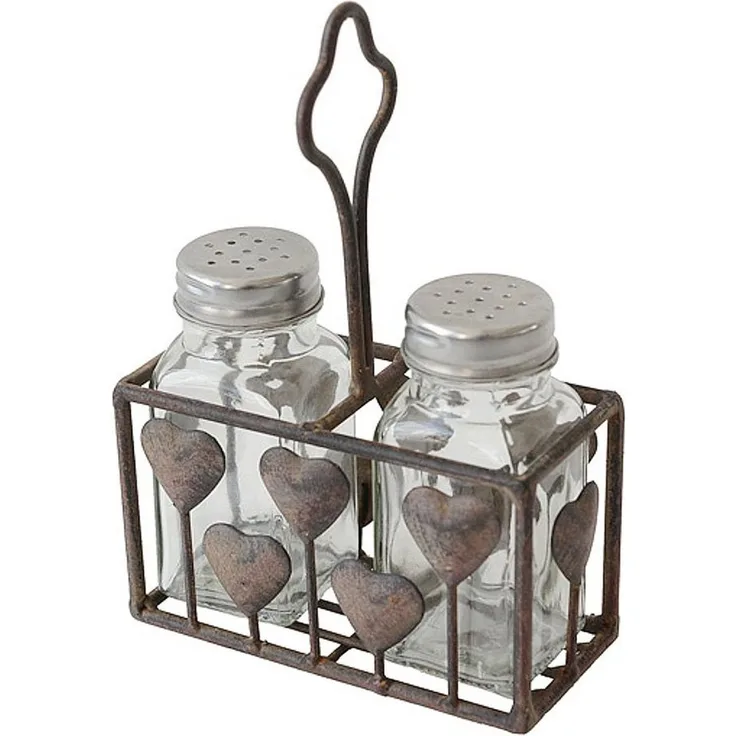 Macosa Home Salzstreuer & Pfefferstreuer Metall Herz Vintage-Stil Antik Braun Gusseisen, (Salz und Pfefferstreuer im Korb), Shabby Küchen Deko Pfeffstreuer Salzstreuer Gewürzstreuer