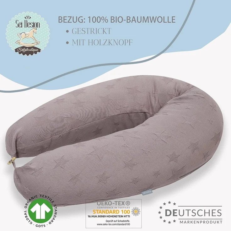 sei Design XXL Stillkissen 190x30 mit gestricktem Bezug, ergonomisch, Schwangerschaftskissen Seitenschläferkissen Komfortkissen für Erwachsene, Stillkissenbezug aus 100% Baumwolle [ Bio-Baumwolle ] – Bild 2