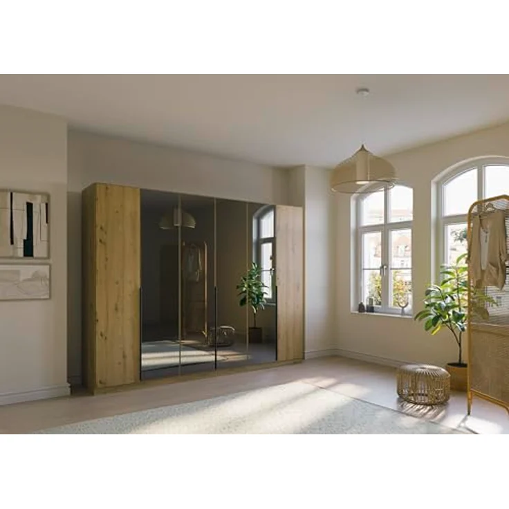 Rauch Möbel Skyla, Kleiderschrank für Schlafzimmer, Kinderzimmer, Jugendzimmer, Garderobe, Flur, 6-türig mit Grauspiegel, Griffstangen Grau metallic, Farbe Eiche Artisan, Holz, Maße 271 x 210 x 54 cm – Bild 4