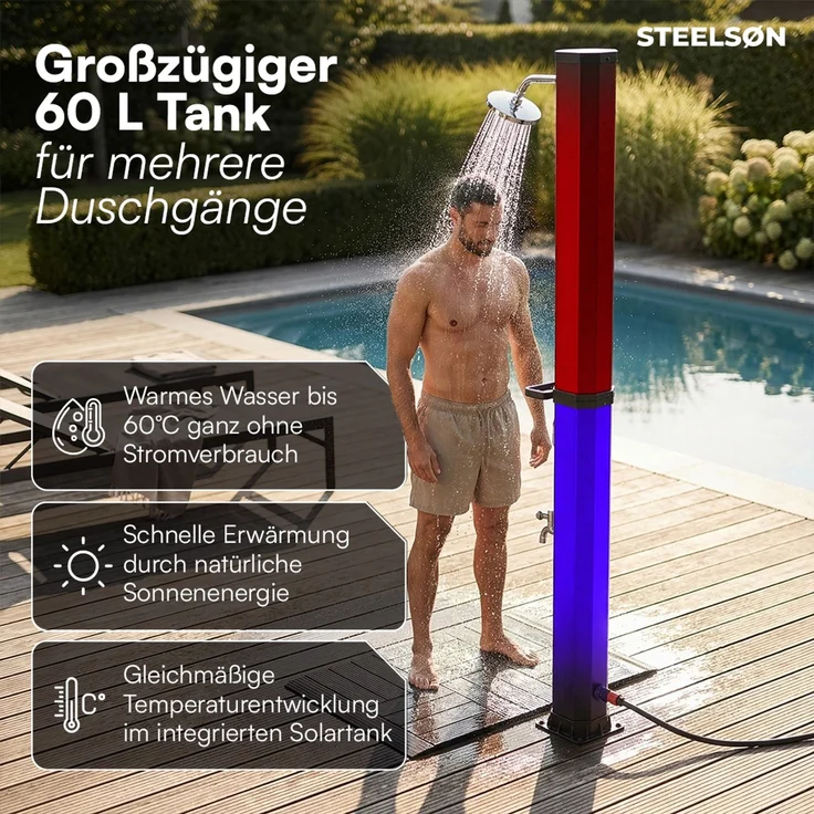 STEELSØN 'Xypher' Solardusche 60L, hexagon, schwarz, warmes Wasser bis 60°C, schwankender Regenduschkopf und Wasserhahn, Gartendusche inkl. Kunststoffboden und Schutzhaube – Bild 2
